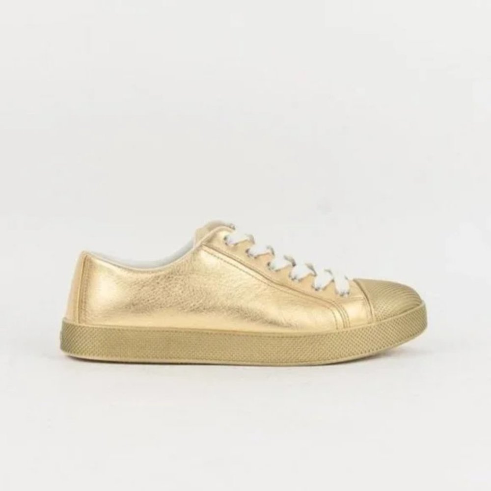 Prada Gold Leather Cap-Toe Sneakers